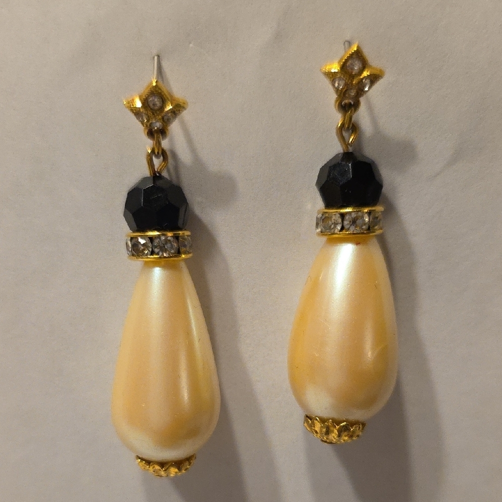 Vintage Gold Black And Pearl Drop Art Deco Earrings 1.75 Inches